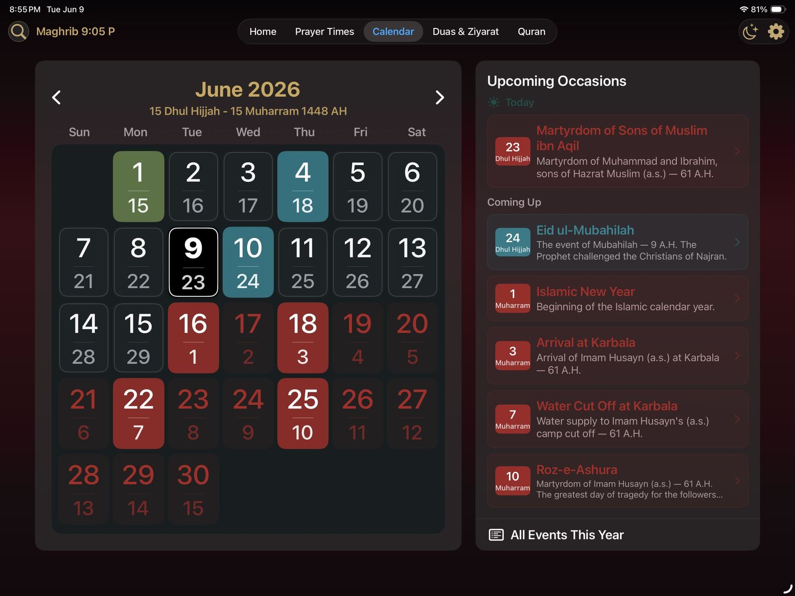 Hijri calendar for June 2026 with upcoming occasions including Eid ul-Mubahilah and Roz-e-Ashura
