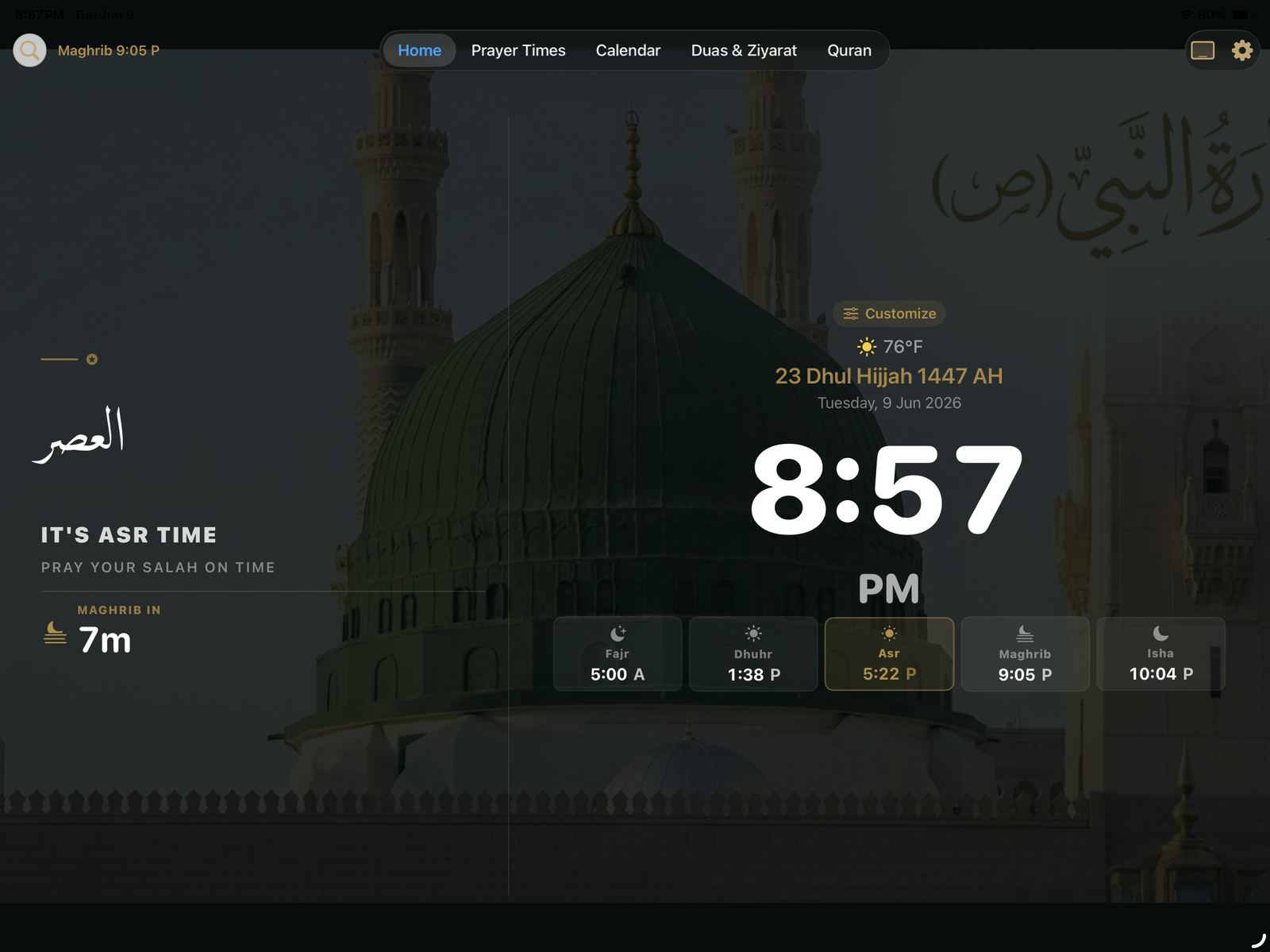 Full-screen prayer announcement reading It's Asr Time with a countdown to Maghrib