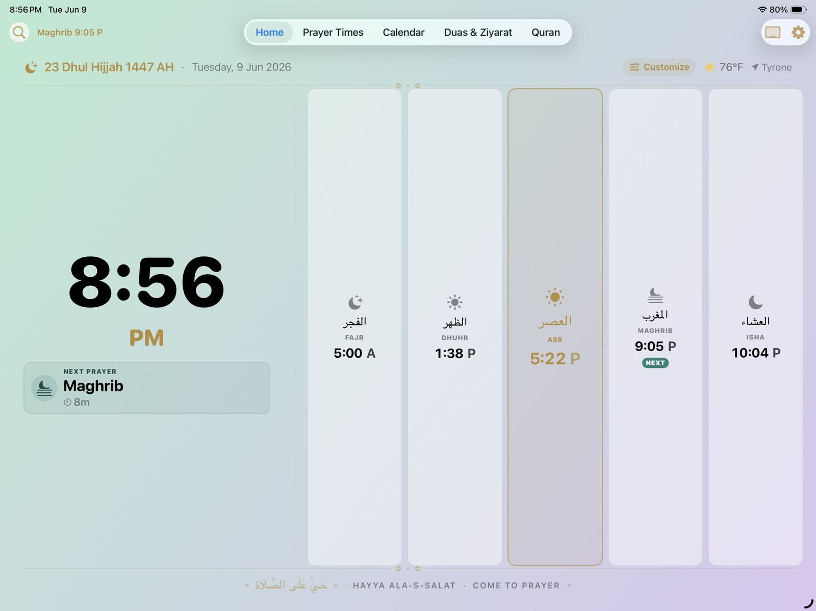 Light daytime azan clock layout showing prayer time columns and next prayer Maghrib in 8 minutes