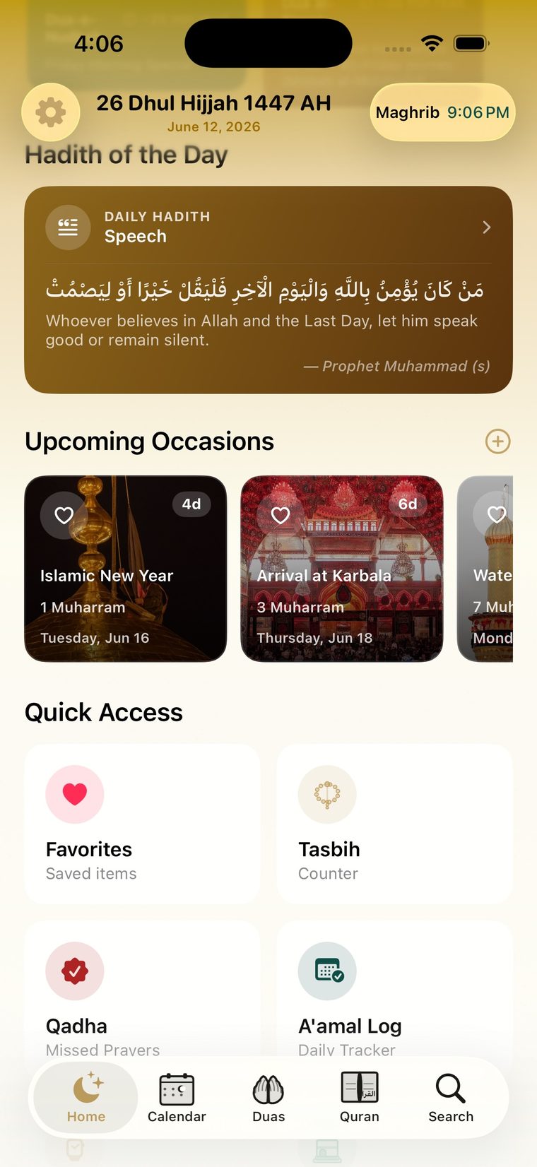 Hijri calendar on iPhone with occasion colors and upcoming events list