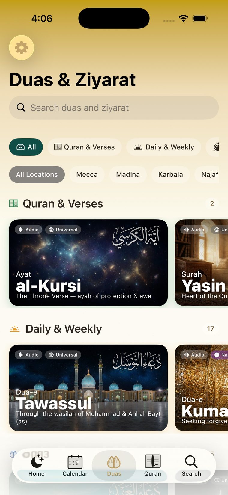 Duas and Ziyarat library on iPhone with categories and artwork