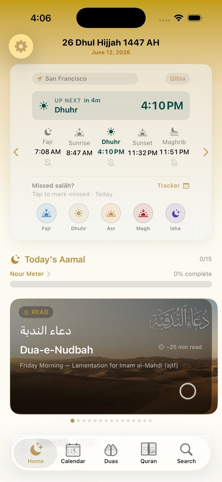 Shia Daily iPhone home — next prayer countdown and today's aamal progress