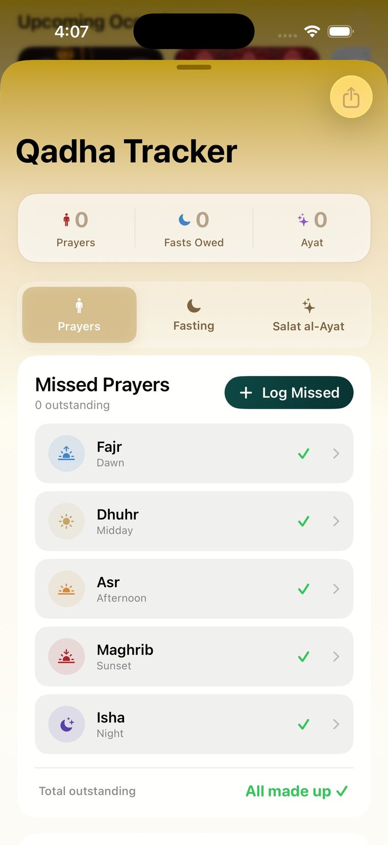Qadha Tracker on iPhone showing all prayers made up