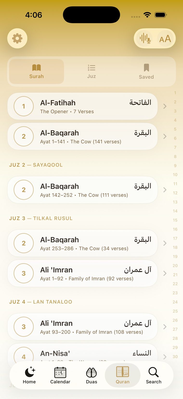 Quran reader on iPhone with surah and juz navigation