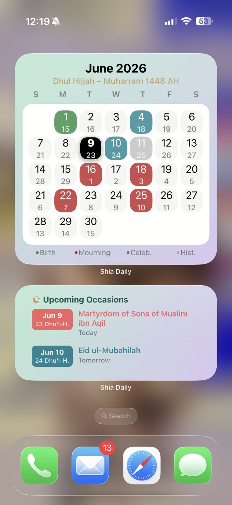 iPhone home screen with Shia Daily widgets — Hijri calendar, prayer-time grid, Quran bookmarks