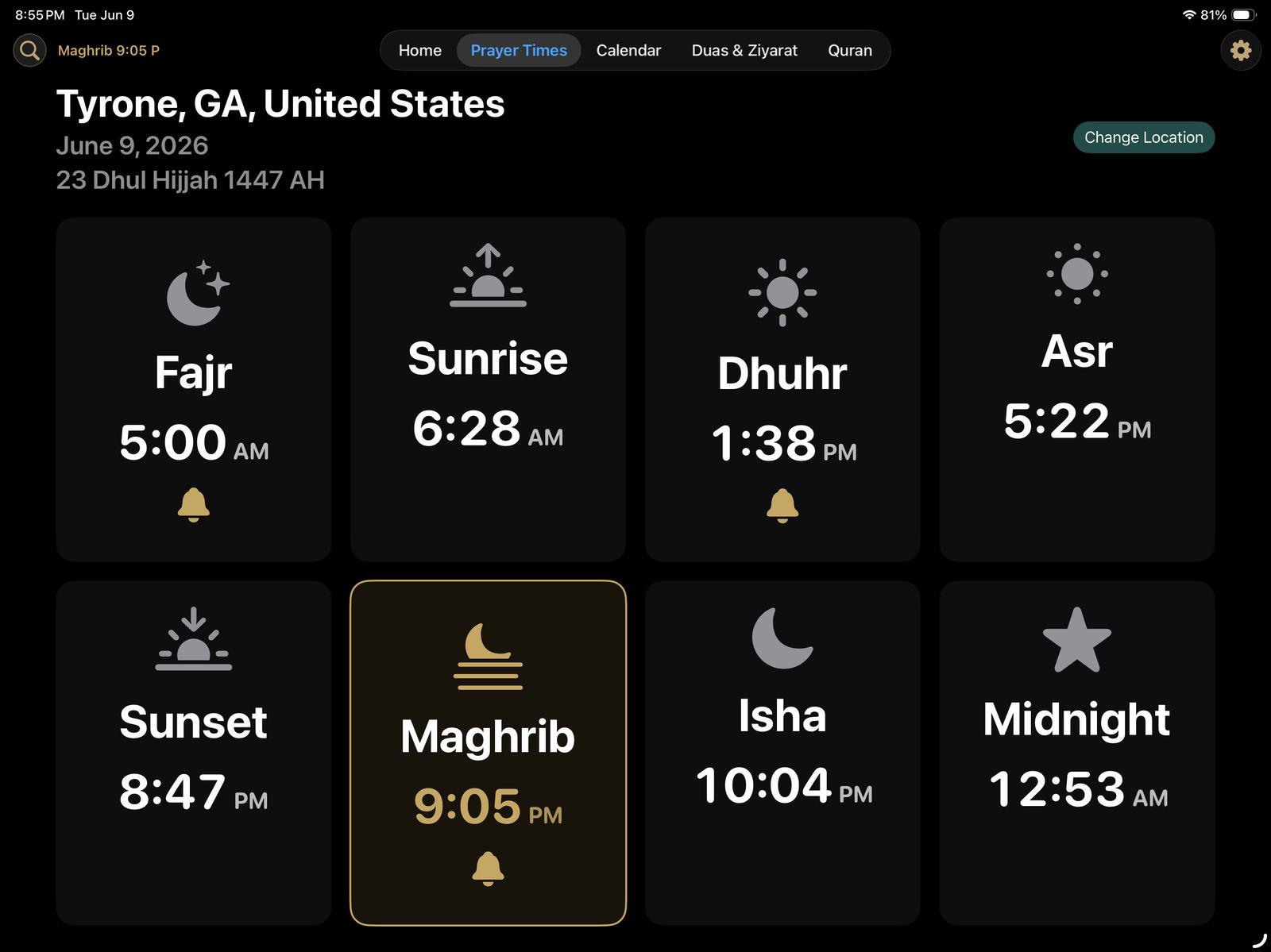 Prayer times screen for Tyrone, Georgia listing Fajr, Sunrise, Dhuhr, Asr, Sunset, Maghrib, Isha, and Midnight
