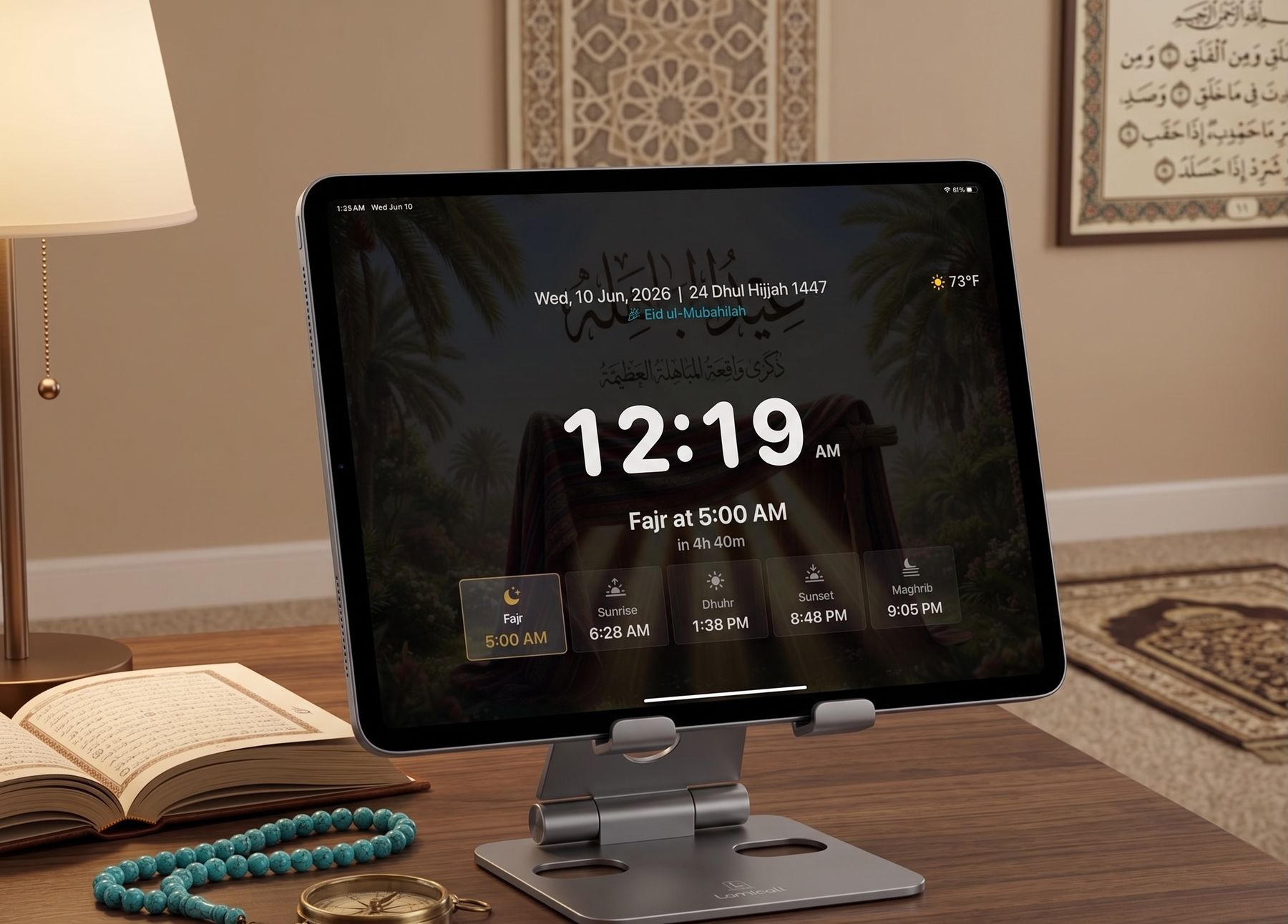 iPad on a bedside desk at night showing the Eid ul-Mubahilah themed clock with Fajr countdown