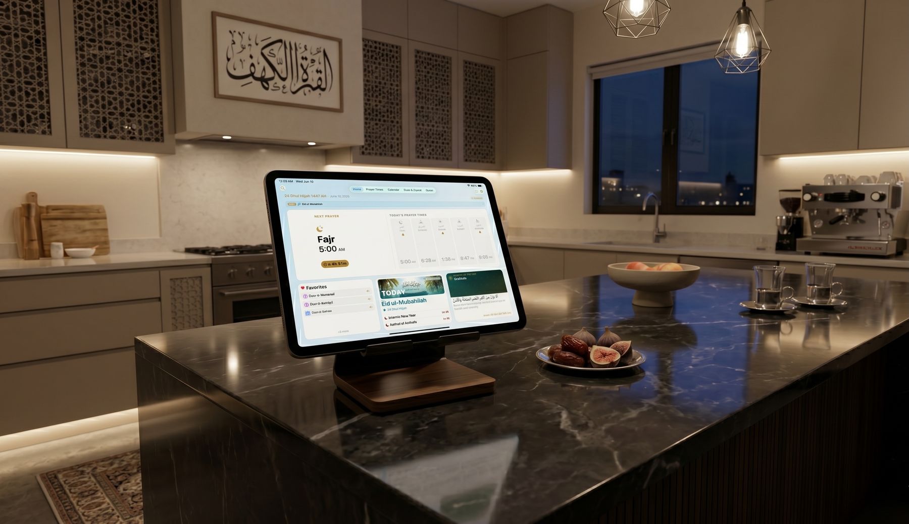 iPad on a stand on a marble kitchen island showing the Shia Daily widget dashboard with Fajr as the next prayer