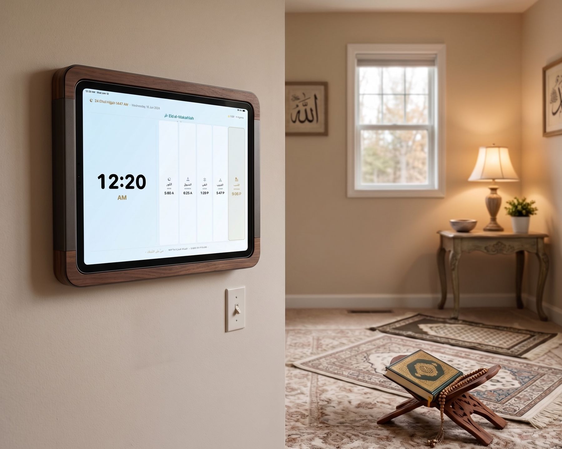 iPad in a wooden wall mount displaying the Shia Daily azan clock in a home prayer room with a Quran on a rehal and prayer rugs