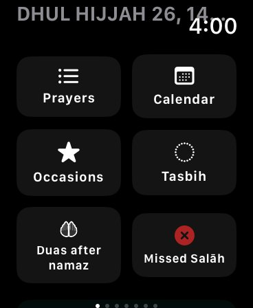 Shia Daily Apple Watch app grid with Prayers, Calendar, Occasions, Tasbih, Duas after namaz, and Missed Salah