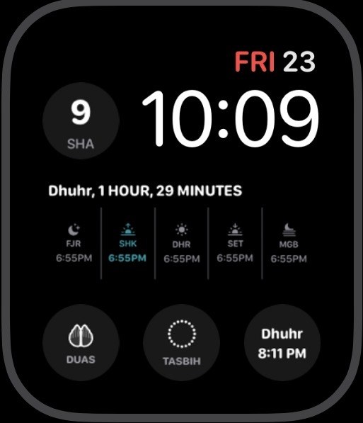 Apple Watch face with the Shia Daily missed-salah complication showing the five prayers to tap and mark