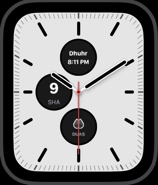 Apple Watch Modular face showing Shia Daily next-prayer countdown to Dhuhr, the five daily prayer times, and Duas and Tasbih shortcuts